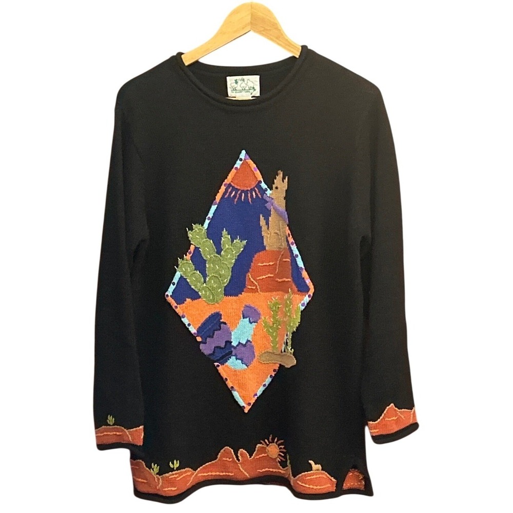Vintage 90s Quacker Factory Sweater Southwestern Desertcore Howling Wolf Cactus